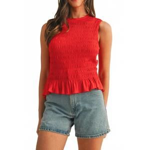 NEW ANNIEWEAR smocking detail ruffle hem knit top in red